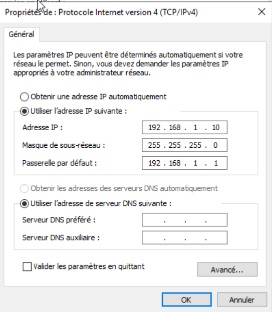 Propriétés TCP/IPv4 avec une adresse IP statique