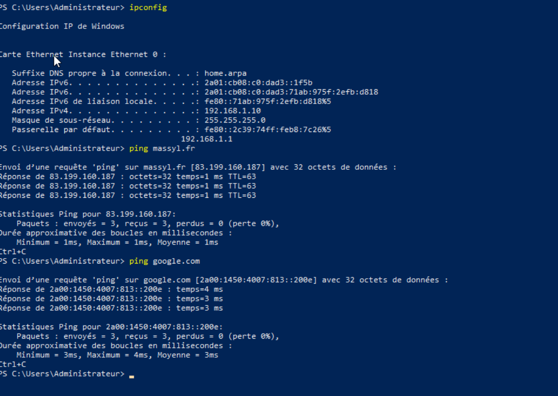 Test de connectivité avec la commande ping